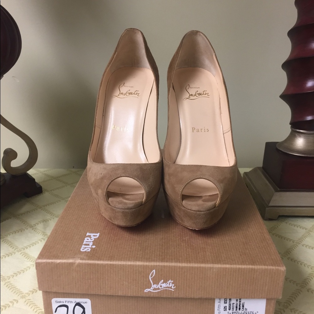 Christian Louboutin Brown Suede Peep-Toe Heels - Picture 2 of 6